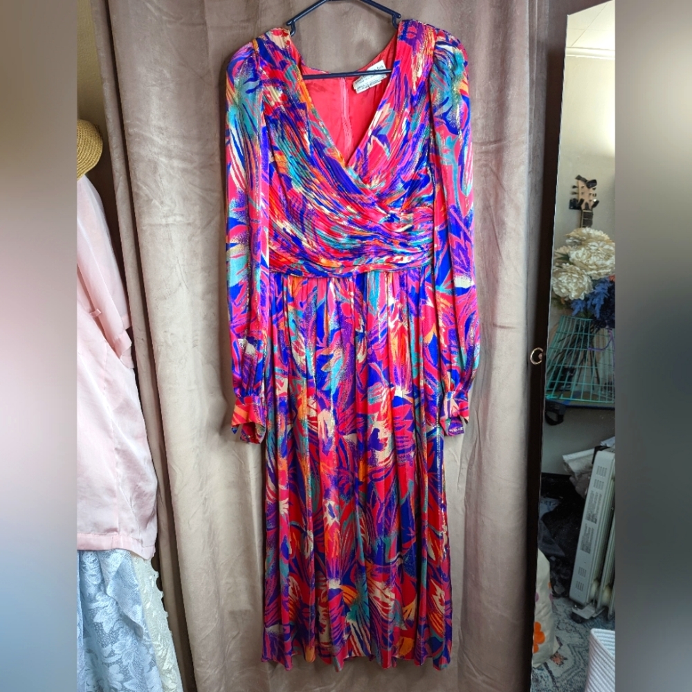 Morton Myles Festive Fuscia, blue Vintage party dress